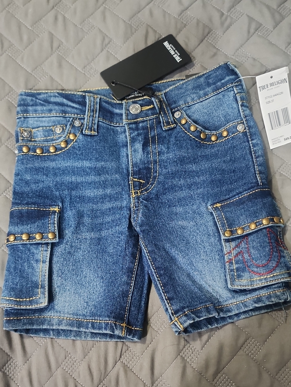 True Religion Blue Studded Denim Cargo Shorts Size 3T